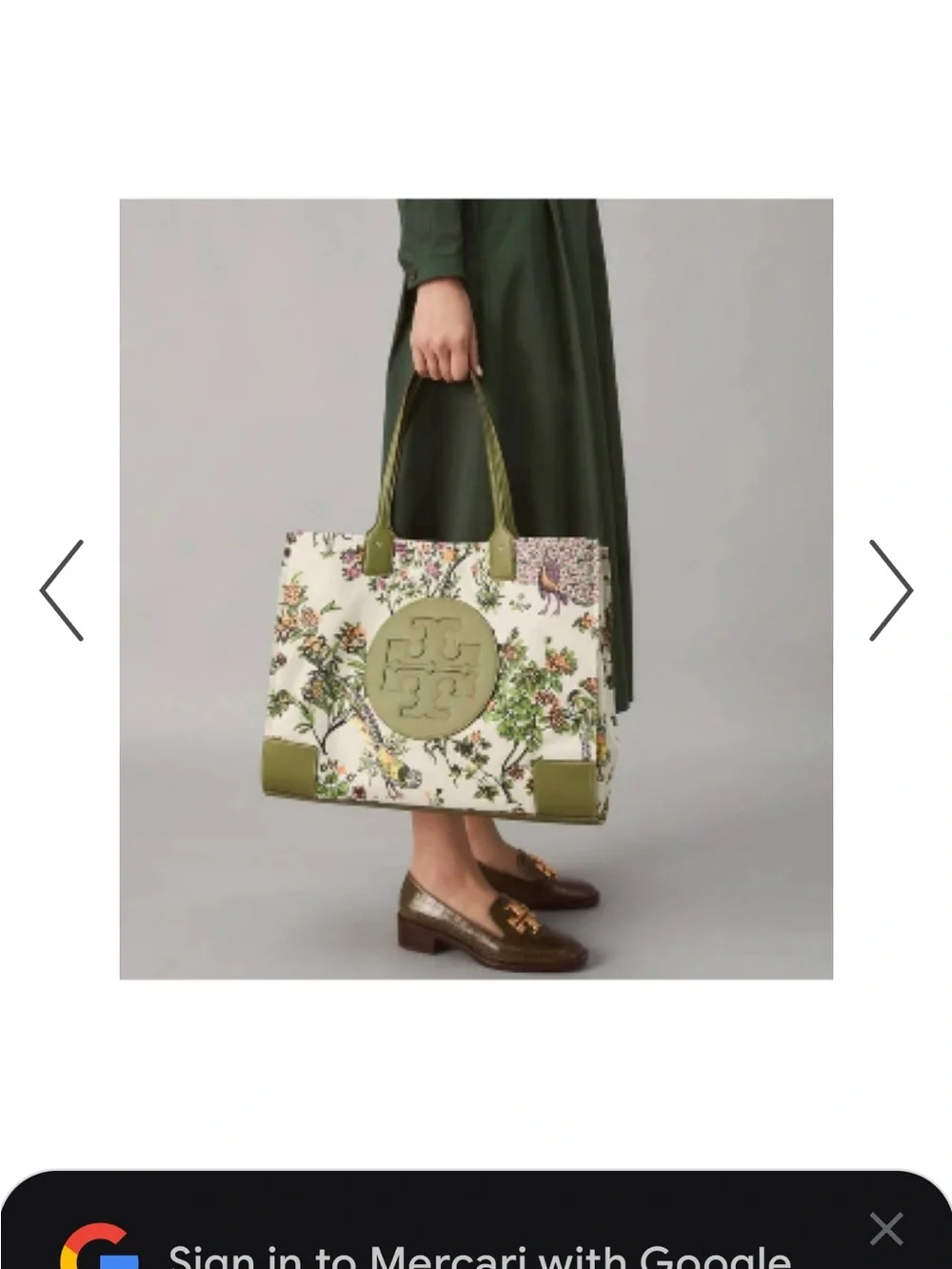 Tory Burch Ivory Floral Canvas Tote with Olive Green Trim
